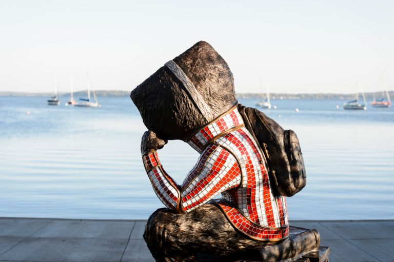 bucky looking at lake