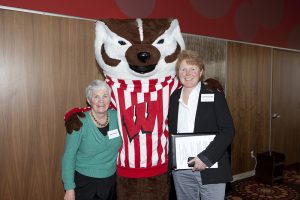 Mary Rouse and Lori Berquam with Bucky