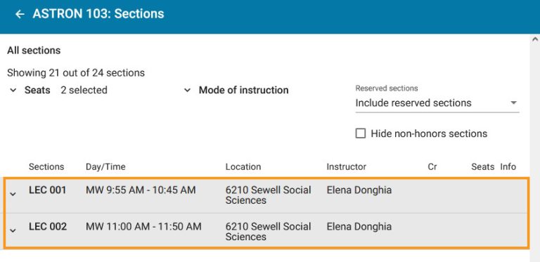 Course search and enroll app screenshot with lectures highlighted.