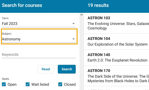 Course search and enroll app screenshot with the subject section highlighted