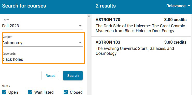 Screenshot of the course search and enroll app with both subject and keywords highlighted