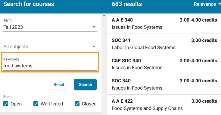 Course search and enroll app screenshot with the keyword section highlighted.